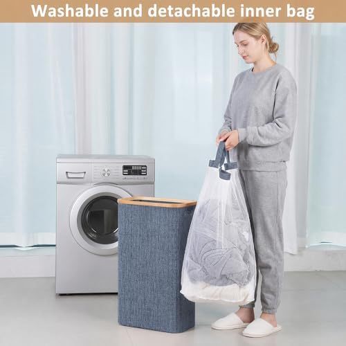 iEGrow 65L Slim Laundry Hamper, Narrow Laundry Basket with Lid,Foldable Clothes Hamper with Bamboo Handles,Hamper Basket with Removable Inner Bag for Laundry Room Bedroom College Dorm,17.17 Gals Blue - Image 4