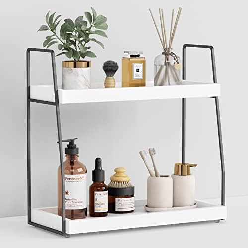 Forbena 2 Tier Bathroom Counter Organizer, White and Grey Coffee Bar Organizer for Countertop, Wood Shelf Tray for Vanity Makeup Storage, Small Kitchen Sink Top Organizers for Coffee Bar Station by Forbena
