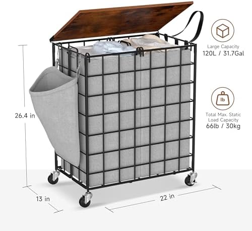 Laundry Basket with Wheels, Heavy Duty Laundry Sorter 2 Sections, 120L (32Gal.) Large Capacity Laundry Hamper with Wood Lid, 360 Rolling Wheels, Extra Side Pocket, Leather Pull Handle, Grey - Image 3