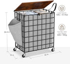 Laundry Basket with Wheels, Heavy Duty Laundry Sorter 2 Sections, 120L (32Gal.) Large Capacity Laundry Hamper with Wood Lid, 360 Rolling Wheels, Extra Side Pocket, Leather Pull Handle, Grey - Image 3
