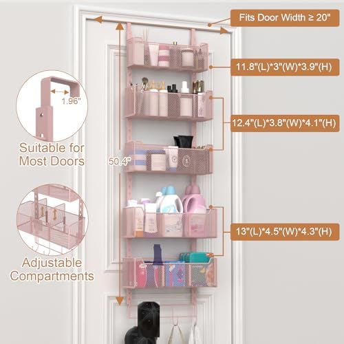 VyGrow Over The Door Organizer, Metal Door Organizer Hanging with 5 Adjustable Baskets and Coat Hook, Behind The Door Storage for Bedroom Closet Bathroom Pantry Cabinet Kitchen, Pink - Image 3