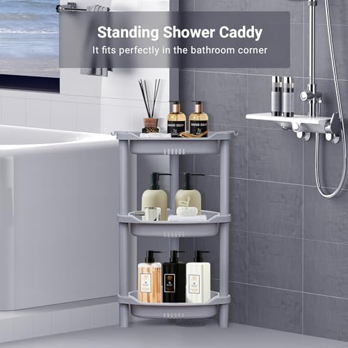 ELYKEN Corner Shower Caddy Standing, 3 Tier Plastic Shower Organizer, Grey - Image 3