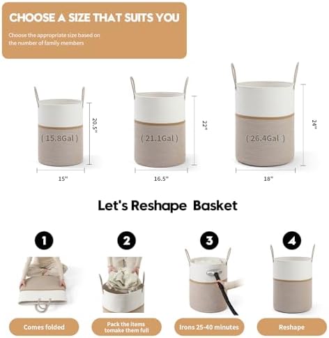 Laundry Basket Hamper Tall Rope Storage Woven for Blanket toys Dirty Clothes in Living Room Bathroom Bedroom (Blend White & Camel, 60L/15.8Gal) - Image 2