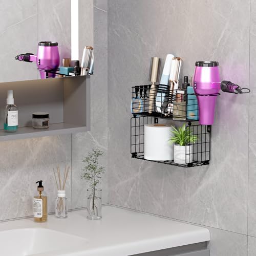 Metal Hair Tool Organizer with Toilet Paper Storage Basket Wall Mount - Image 2