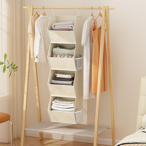 Hanging Closet Organizer 4 Shelf Collapsible Fabric Closet Organizers and Storage Hanging with Mesh Pocket for Clothes, Hanging Wardrobe Organizers and Storage for Sweater T-Shirt Shoes Toys, Beige - Image 2