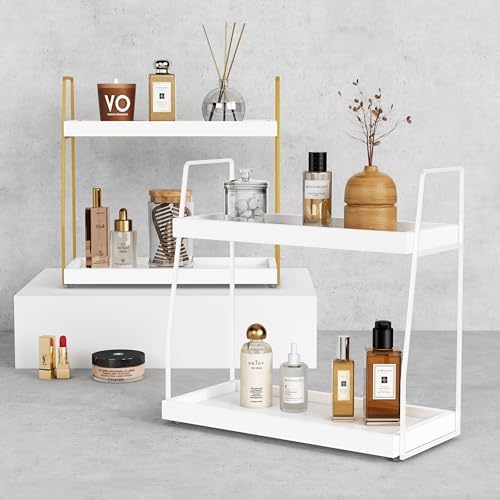 Forbena White 2 Tier Bathroom Organizer Countertop, Small Counter Top Organizer for Bathroom Decor, Modern Kitchen Counter Shelf for Snack, Vanity Makeup Organizers and Storage Tray for Bedroom - Image 6