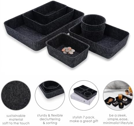 Welaxy Felt Drawer Organizer Bins 7-Piece Carbon Desk Storage Trays - Image 6