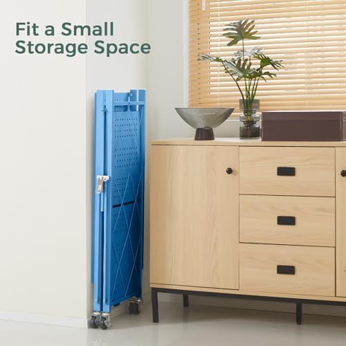 DEANIC 3 Tier Foldable Storage Shelves with Wheels, Kitchen Appliance Stand, Freestanding Metal Wire Shelf Rack, No Assembly Organizer Rolling Cart for Garage, Basement, Pantry(Blue) - Image 6
