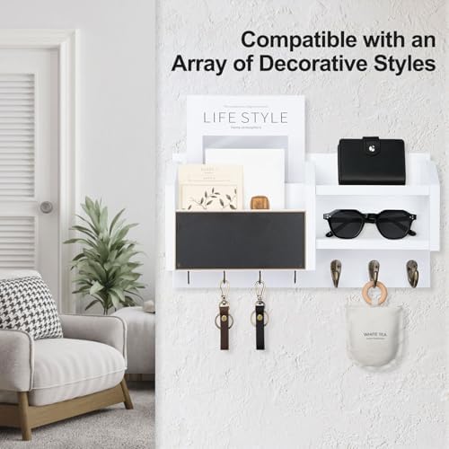 Lwenki Mail and Key Holder – Wall Mount Key Hanger with Shelf and 7 Metal Hooks – Decorative Natural Paulownia Wood Entryway Organizer with Mounting Hardware (16.5”W x 8.7”H x 3.5”D) (White) - Image 2
