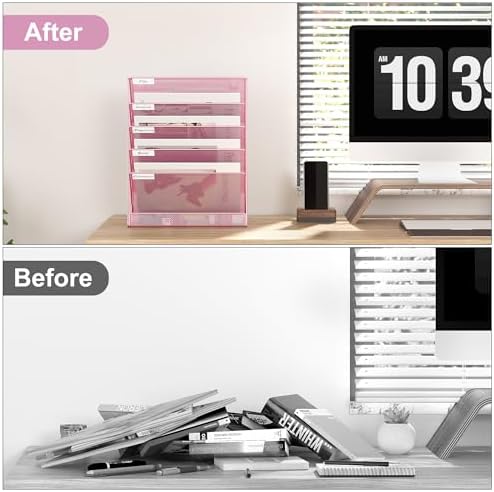 EasyPAG 5 Tier Wall File Holder, Mesh Hanging Folder Organizer with Classify Label, Versatile Desk File Holder, Vertical Wall Mounted Mail Organizer for Office Home Cubicle, Pink - Image 3