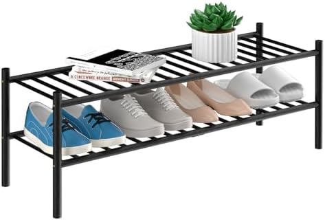 ROMGUAR CRAFT 2-Tier Bamboo Long Shoe Rack, Free Standing Wood Shoe Shelf Storage Organizer for Closet Entryway Stackable 35"x11"x13" (Black) by ROMGUAR+CRAFT