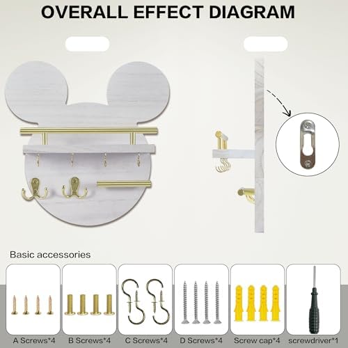AIRPOP Key Holder for Wall–Mouse Wooden Mail Organizer Wall Mount with Shelf and 6 Hooks, Easy Installation Key Rack Hanger for Entryway Living Room Home Decor(White) - Image 4