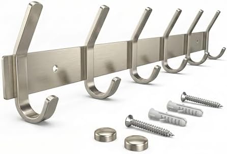 Coat Rack Wall Mount – Brushed Nickel 17 Inch Stainless Steel Hook Rail with 6 Heavy Duty Double Coat Hooks – Wall Mounted Coat Hanger for Entryway, Bathroom, Bedroom, Towel, Hat Organizer by SAYONEYES