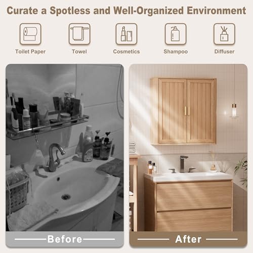 INNOD Bathroom Storage Wall Cabinet, Over the Toilet Storage Cabinet Above Toilet Storage, Medicine Cabinet with Adjustable Wood Shelf & Doors for Laundry Room & Kitchen & Living Room (Natural Oak) - Image 3