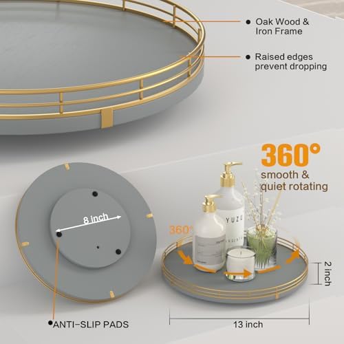 Oroyutor 13-Inch Gray Wooden Lazy Susan Spice Organizer with Gold Rail - Image 5