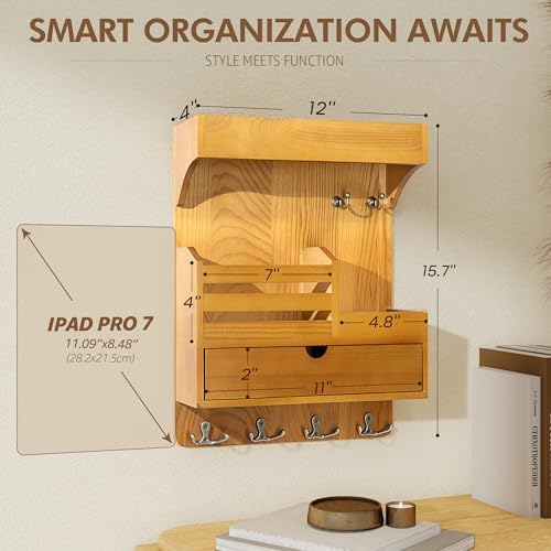Rebee Vision Key Holder Wall Mount with Drawer for Home Decor, Light Brown - Image 2