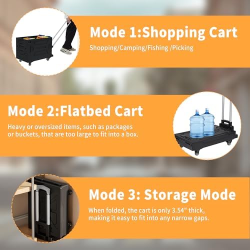 VECELO Foldable Shopping Cart with Wheels, Collapsible Rolling Crate for Groceries, Folding Storage Box with Handle, Three Modes of Use, Ideal for Teacher, Trip, Outdoors, Etc., 23GAL, Black - Image 3