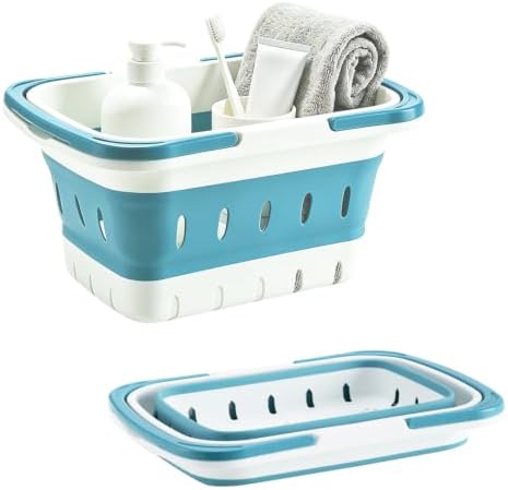 Portable Folding Plastic Bath Caddy with Handle, Perforated, Travel Bathroom Organizer for Bedroom, Bathroom, Shower, Dorm Room, Camping and RV Use (Blue, 1 pack) by Unknown