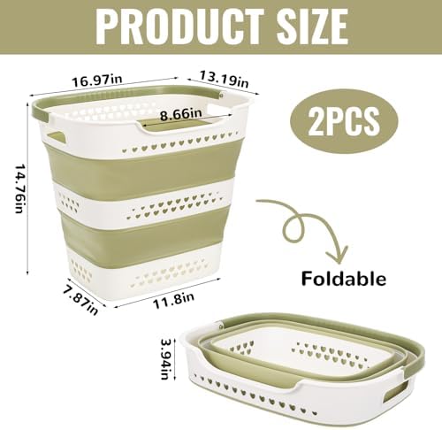 2 Pcs Collapsible Laundry Baskets for Clothes, 43L Plastic Laundry Hamper for Dorm Bedroom, Space Saving Pop-Up Laundry Hamper Container, Durable Foldable Laundry Basket with Handles (Matcha-Green) - Image 2