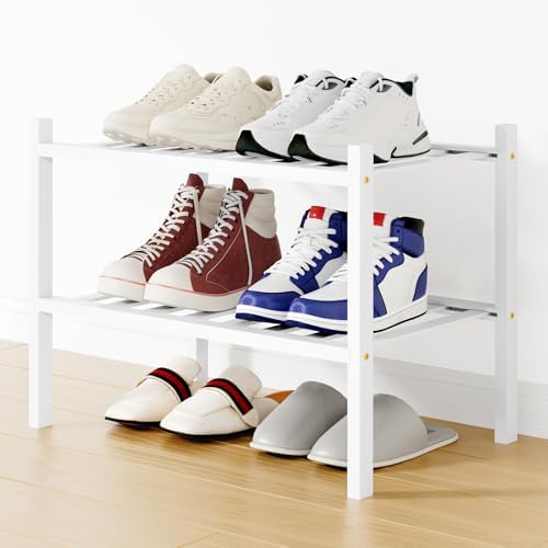 Smiry Bamboo Shoe Rack, 8 Vertical Slats, 2 Tier - 17.3" Wide, White by Smiry