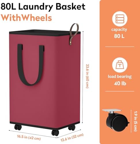 SpaceTrove Rolling Laundry Basket with Wheels, Laundry Hamper, 80L, Red - Image 4