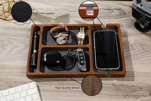 Shinpuru Wooden Valet Tray for Men, Nightstand Organizer with Leather Inlay, EDC Essentials Catchall Tray for Keys, Phone, Wallet, Watch, Earbuds - Bedside Desk Entryway Tray (Wood-Pen) - Image 2