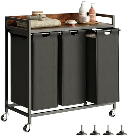 Herture Laundry Hamper with Shelf, Laundry Basket 3 Section, Laundry Sorter with Pull-Out Removable Large Bags and Movable Wheels, Metal Frame, 3 x 15.87 Gallons (60L), Rustic Brown + Black PF04XLY by Herture