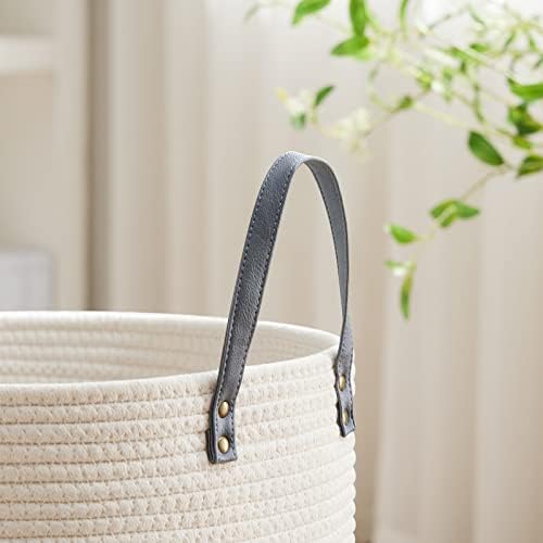 VIPOSCO 58L Tall Woven Rope Laundry Hamper, Leather Handles, Grey & White - Image 3