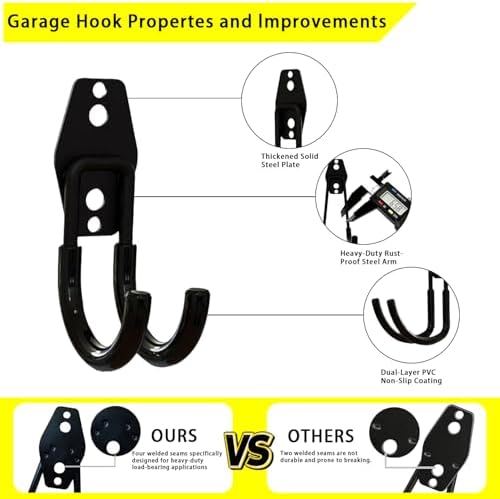 10 Pack Garage Hooks Heavy Duty with Anti-Slip Coating, Steel Utility Ladder Hooks for Hanging Garden Tools, Hoses, Ropes, Bikes and More (2.8in) - Image 3