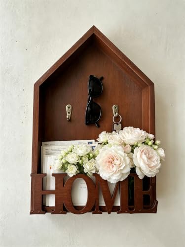 Key Holder Wall Mount, Pine Wood Key Hanger & Mail and Key Organizer for Wall, Decor Plate Hangers for Wall, Multifunctional Home Decor Entryway Key Holder with Shelf for Key & Plant Storage (Brown) - Image 2