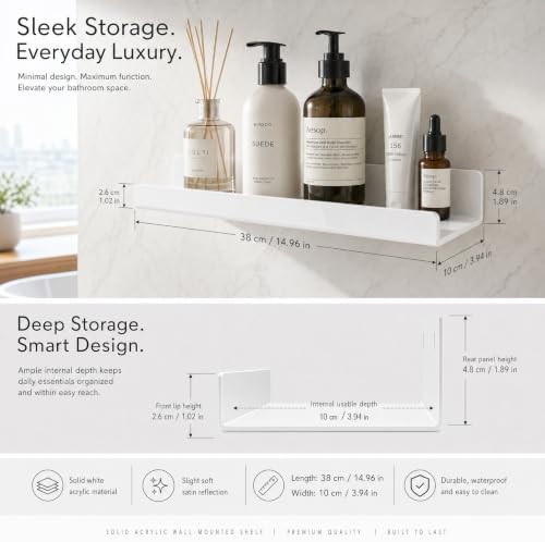 White Acrylic Bathroom Shelf Wall Mounted Floating Organizer with Front Lip - Image 3