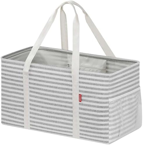 LHZK Standing Extra Large Utility Tote Bag with Metal Wire Frame and the Sides Rinforced, Extra Large Tote Bag with Handle, Reusable Grocery Bags Foldable, Beach Bag, Car Tote (Gray) by LHZK