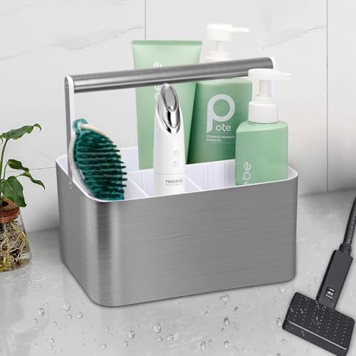 BYUNER Plastic Shower Caddy Dorm - Portable Bathroom Caddy Organizer with Handle and Divider for College Dorm & Shared Bathroom, Hard Shower Tote for Toiletry, Brushed Nickel White - Image 6