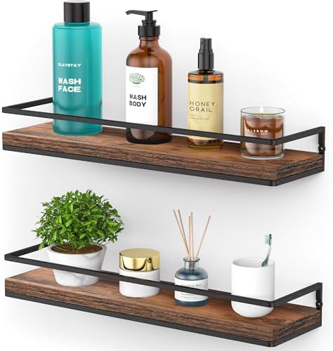 Meangood Floating Shelves Wall Mounted Set of 2, Rustic Wood Wall Storage Shelves for Bedroom,Living Room,Bathroom, Kitchen Rustic Brown by Meangood