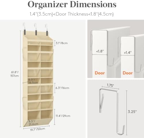 Lifewit 1 Pack Over the Door Organizer, 12 Section Clear Window Hanging Storage with 4 Side Pockets, Sturdy Anti Tilt 40 lbs Load Behind Door for Closet, Bedroom, Bathroom, Nursery, Dorm, Beige - Image 2