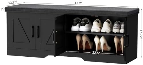 HOMSHO Farmhouse Shoe Storage Bench with 4 Barn Doors & Padded Seat Cushion - Image 3