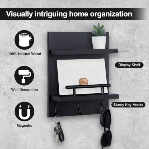 Magnetic Key Holder Wall Mount, Mail Shelf Decor with 3 Key Hooks - Image 3