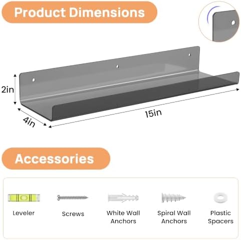 upsimples 4 Pcs 15" Acrylic Shelves for Wall Decor and Display, Clear Black - Image 3