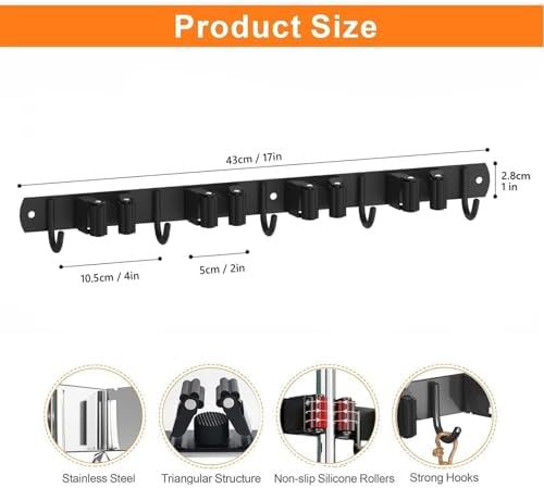 CUXIXA Mop and Broom Holder Wall Mount, Upgraded Broom Organizer Wall Mount, Stainless Steel Broom Hanger Wall Mount for Kitchen Garden Laundry Room Decor(4 Racks with 5 Hooks Black) - Image 5
