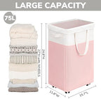 Goodpick Laundry Basket with Wheels, 75L Tall Clothes Hamper, Large Laundry Basket with Removable Wash Bag for Corner Dorm, Rolling Hamper, Pink&White - Image 3