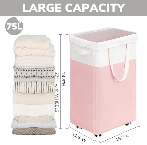 Goodpick Laundry Basket with Wheels, 75L Tall Clothes Hamper, Large Laundry Basket with Removable Wash Bag for Corner Dorm, Rolling Hamper, Pink&White - Image 3