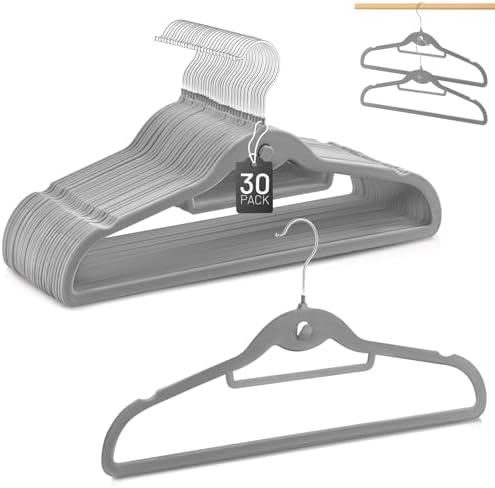 Velvet Stackable Hangers 30 Pack, Clothes Hanger Non Slip Felt with Hook by tobringahappychildhood