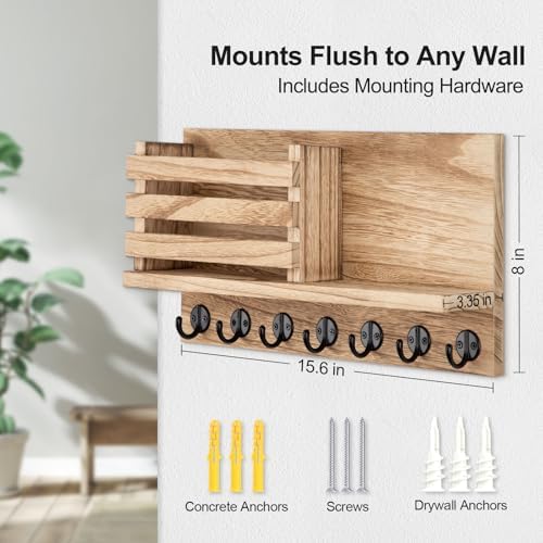 Lwenki Key Holder for Wall – Decorative Wooden Mail Holder and Key Shelf with Mounting Hardware, Installation Guide – Paulownia Wood with Metal Key Hooks (Wood, Extra Large - 15.6inch) - Image 5