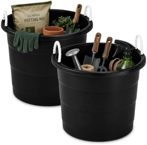 HOMZ Utility Tub, Storage Bucket with Rope Handles, 17 Gal, Black, 2 Pack by Homz