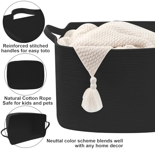 65L Large Laundry Basket with Handles,Woven Blanket Basket,Black - Image 3