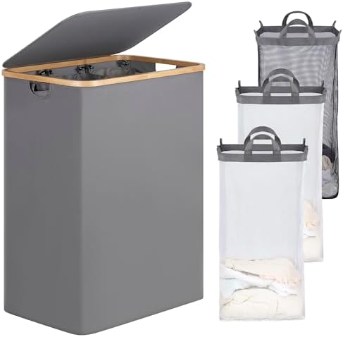 efluky Laundry Hamper 3 Section with lid and 3 Removable Bags, Silver Grey by efluky