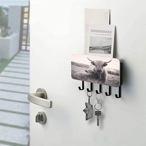 Burbuja Highland Cow Key Holder with 5 Key Hooks, Self Adhesive Wall Mounted Key Racks Mail Storage Organizer for Entryway, Home Decor - Image 5