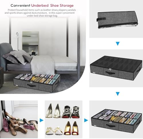 Onlyeasy Sturdy Under Bed Shoe Storage Organizer Fit 8 to 16 Pairs, Collapsible Closet Underbed Shoes Container Bags with Reinforced Handles, 37.7x23.6x5.9in, Linen-like Black, MXAUBS16P1 - Image 5