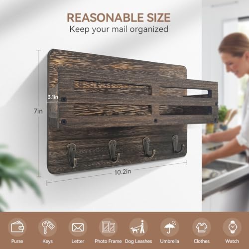 Key Holder Wall Mount Farmhouse Key Hooks for Wall with Mail Organizer Decorative Key Rack with 4 Sturdy Hooks for Dog Leash, Sunglasses, Rustic, Paulownia Key Hanger for Entryway, Brown - Image 2