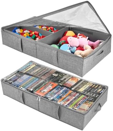 Underbed Storage Containers, 2-Pack Under Bed Toy Storage Boxes with Lids | Foldable Under Couch Storage Bins (31.8×16×5.9in), Clear Lid Toys Organizer for Plush Dolls, Books, Clothes, Shoes & Blankets by Unknown